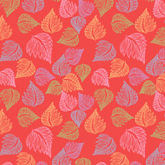 Seamless pattern of jasmine, light sky blue, light green, pink lace and light purple color tropical deliciosa plant leaf on tart orange color background. leaf seamless pattern, textile design.