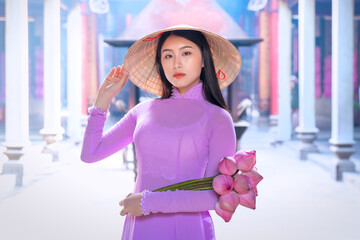 Vietnam woman wearing Ao Dai culture traditional at old temple at Ho Chi Minh in Vietnam,vintage style,travel and relaxing concept. - 521611989