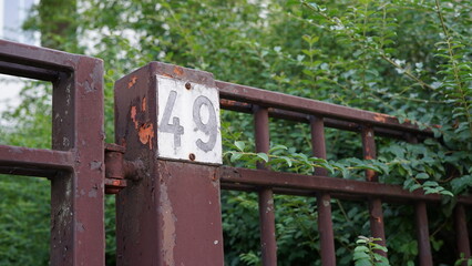 House number 49. House number sign on old weathered iron gate. Detail of iron bars with old red enamel coming off. Iron structure covered by plants.