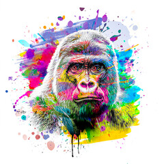 colorful artistic gorillas monkey muzzle with bright paint splatters on abstract background.