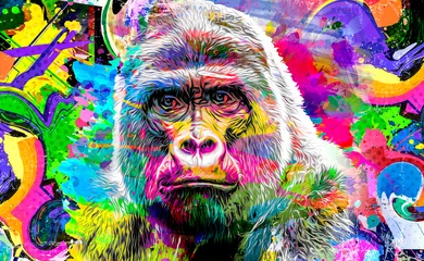 Poster colorful artistic gorillas monkey muzzle with bright paint splatters on abstract background. © reznik_val