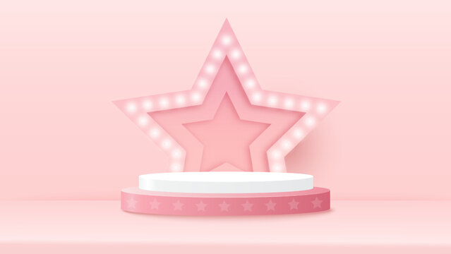 Podium platform to show product with star backdrop with light sign and spotlight on pink background. Vector illustration
