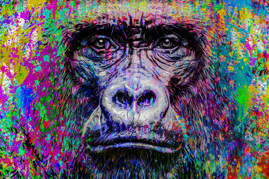 colorful artistic gorillas monkey muzzle with bright paint splatters on abstract background.