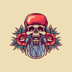 Skull Skateboard Retro Illustration