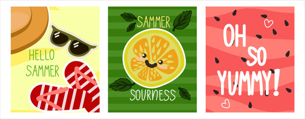 Summer, hello, orange, lemon, beach, watermelon background. A set of posters for vacation. Flat and hand-drawn design by hand. It can be used for greeting and invitation cards. 