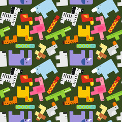 A pattern from a set of animal figures in the Tetris game. Guess the animal puzzle. Tetris in the form of animals. Elephant, giraffe, pigeon, flamingo, tiger, duck, lion, snake and others.