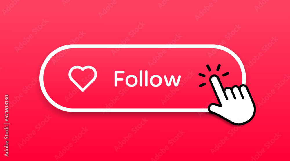 Aufkleber Hand mouse cursor click pink red follow button or sign for website, mobile app, UI.