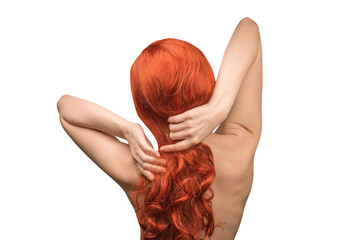 Woman backside, beautiful woman with red curly hair isolated.