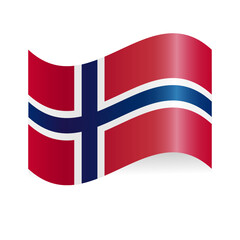 The Flag Of Norway. Blue and white cross on red. Waving the flag of the Kingdom of Norway. Illustration. Norwegian flag waving with the wind.