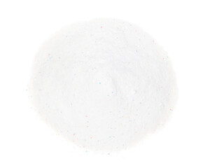 Laundry detergent for washing machines isolated white background. Washing powder. White wash powder with with colored granules