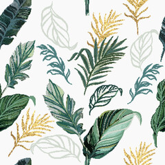 Tropical vector seamless pattern with palm and banana leaves