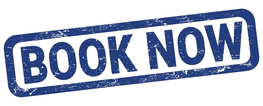 BOOK NOW text written on blue rectangle stamp.
