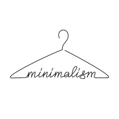Vector one line continuous lettering. Minimalism word . Hand drawn clothes hanger icon for banner, flyer, showcase design, retail shop, outlet. Minimalist shopping concept. - obrazy, fototapety, plakaty