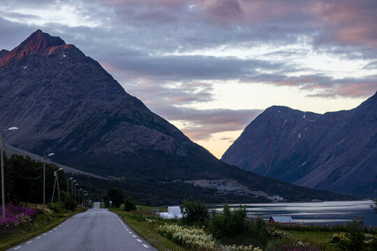 Mountain road in the Norway. Sunrise Colorful Landscape