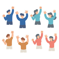 Fototapeta premium Happy man and woman with hands up isolated. Set of people celebrating win or goal achievement. Flat Cartoon Vector.