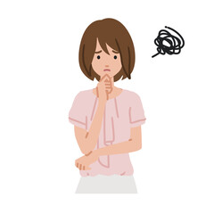 立って手をあごにあてて困っているオフィスカジュアルの女性