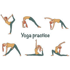 Vector collection of asanas. Isolated silhouettes of girls practicing yoga on a white background. Colorful flat illustration.