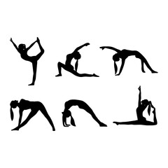 Vector isolated silhouette of girls practicing yoga. White background. Flat illustration.