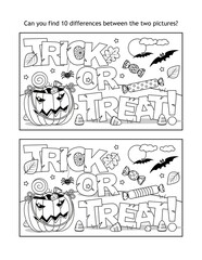 Halloween "Trick or treat!" find the differences picture puzzle and coloring page
