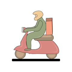 Vector isolated courier on a scooter. Food delivery. Colorful flat illustration.