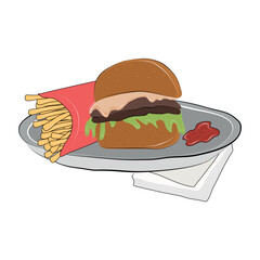 Vector isolated plate with burger and french fries. Fast food. Colorful flat illustration for your creativity.