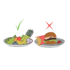 A plate of fruit and a plate of burger and fries. Choice. Healthy lifestyle. Fast food. Vector flat illustration.