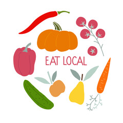 Eat local. Farmers market vegetables around text. Hand drawn sketch. Isolated Cartoon doodles on white background. Vector design element, logo design template, badge for natural and organic food.