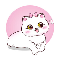 Cute sweet pink kitty in cartoon style. Vector illustration.