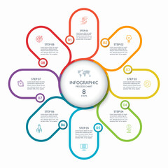 Infographic round chart with 8 steps, parts, options, processes. Vector circle infographic concept. Cycle diagram with thin line icons.
