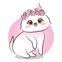 Cute sweet pink kitty in cartoon style. Vector illustration.