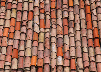 Close-up of old roof tiles in a village
