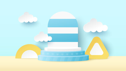 Fototapeta na wymiar Podium platform to show product on beach background beach. Summer time background. Vector illustration