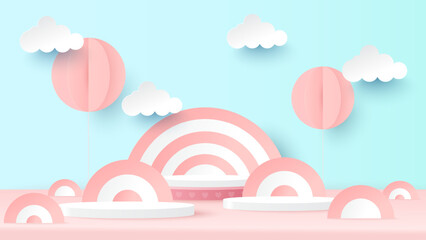 Podium platform to show product with balloon on blue background. Vector illustration