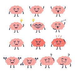 Set of brain character flat cartoon expression emotion. intelligence learning study Concept.