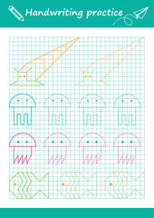 Trace line worksheet for kids. Basic writing. Working pages for children. Preschool or kindergarten worksheet. Trace the pattern. Vector illustration	
