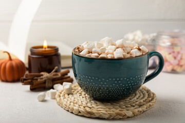 Cup of tasty cocoa drink and marshmallows in blue cup.Spices and marshmallows for winter drinks on white texture table.Winter hot drink.Hot chocolate with marshmallow and spices.Copy space.