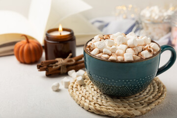 Cup of tasty cocoa drink and marshmallows in blue cup.Spices and marshmallows for winter drinks on white texture table.Winter hot drink.Hot chocolate with marshmallow and spices.Copy space.