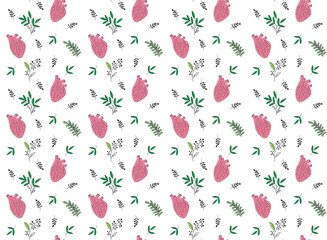 Hand draw seamless pattern with plants and anatomic hearts.