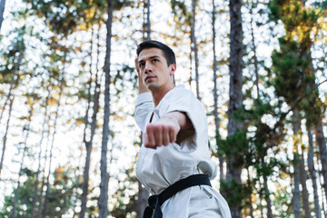 Naklejka na ściany i meble A young guy doing karate training and meditation in the forest during the day