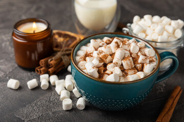 Cup of tasty cocoa drink and marshmallows in blue cup.Spices and marshmallows for winter drinks on black texture table.Winter hot drink.Hot chocolate with marshmallow and spices.Copy space.