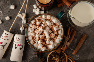Hot chocolate mug with melted marshmallow snowman.Sweet treat for kids funny marshmallow snowman....