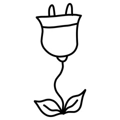 Electric plug growing out of grass. Hand-drawn doodles illustration.
Line art