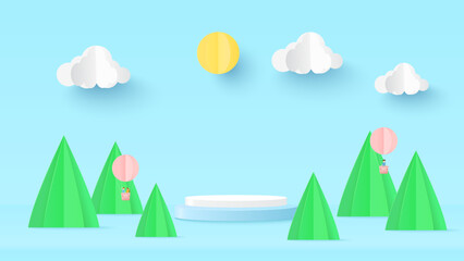 Summer time background. Nature landscape with podium platform to show product. Beautiful mountains and sea on nature background. Balloon with couple joyful on flying over clouds. Vector illustration