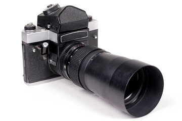 Old antique vintage black camera the 19th century isolated on white background with cliping path. Russia.