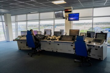 The workplace of the flight dispatcher in the airport. Flight control tower. Aviation background....