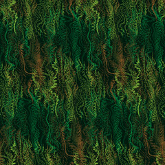 Camouflage seamless pattern. Green forest plants texture on dark background