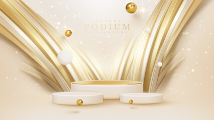 Product display podium with golden curve line element and ball decoration and glitter light effect.