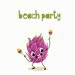 Vector illustration of a cute character, funny fruit, dragon fruit, pitaya, patahaya with maracas. T-shirt design for kids, summer time, summer mood, summer mood. Lettering beach party.