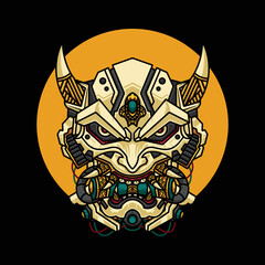 demon character logo, illustration robot samurai demon mask.