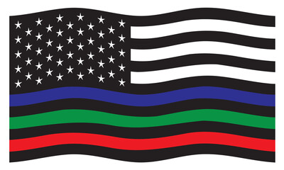 American flag in black and white with a blue, red and green stripe. All lives matter flag